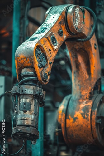 A close-up of an industrial robot arm, showing the metal joints, gears, and wires. The machine has an orange and rusty color. AI.