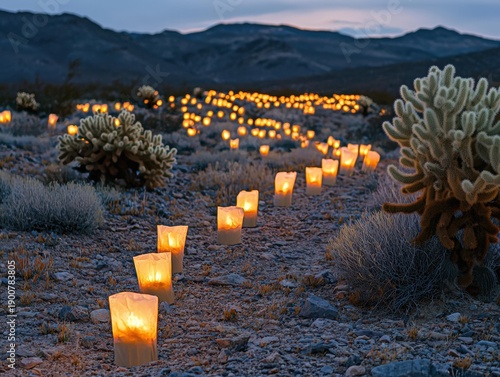 A path of glowing paper lanterns illuminates a desert landscape at dusk. Bushes, cacti, and mountains are in the background. AI.