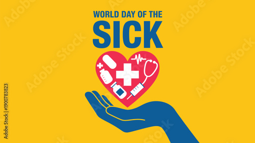 world day of the sick illustration with hand holding heart and medical cross symbol promoting healthcare awareness, compassion and global health support