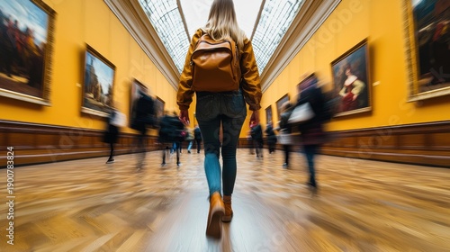 A person walks down a museum hallway toward the viewer. Paintings line yellow walls. Other people are also in the hall. AI.