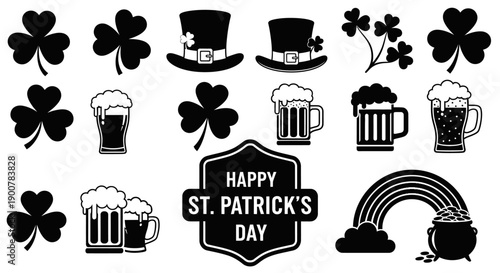St Patricks Day icons including clover hats beer mugs and rainbow with pot of gold on white background