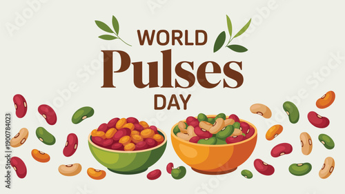 world pulses day illustration with bowls of colorful beans and lentils highlighting healthy nutrition, plant protein and sustainable food awareness