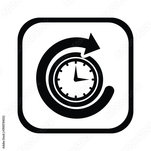 Black and white icon of a clock with a circular arrow on a indicating time rotation or cyclical process