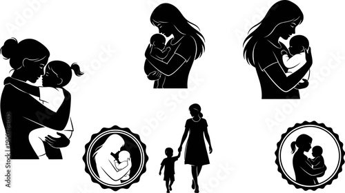 Black silhouettes of mothers and children in various poses and circular frames on white background