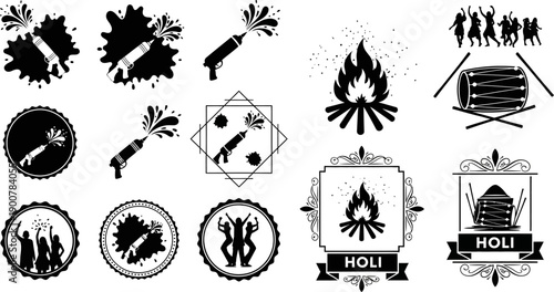 Holi festival celebration icons and symbols with fire and people  Holi festival icons set