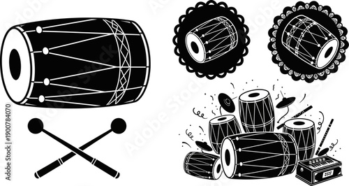 Indian musical instruments including drums and mallets on white background
