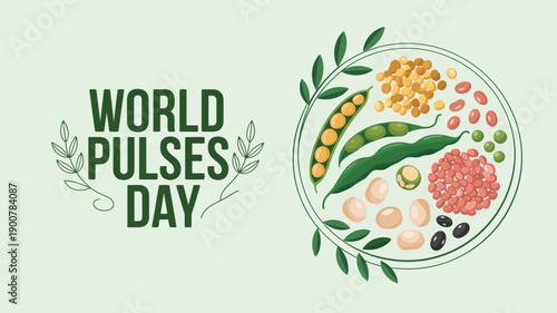 world pulses day illustration with assorted legumes, beans and lentils in circular design promoting nutrition, sustainable food and agriculture awareness