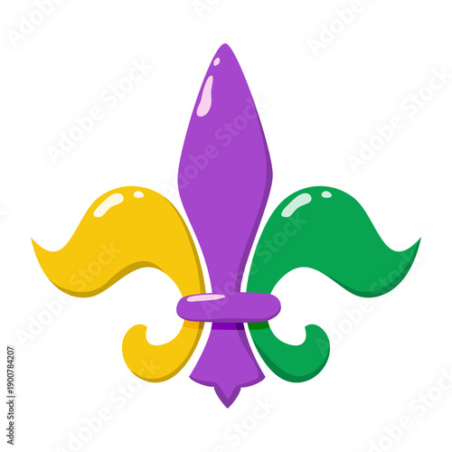 Mardi Gras fleur de lis icon in purple, gold, and green. Traditional carnival symbol Mardi Gras lily, isolated.