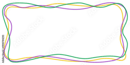 Mardi Gras border frame with wavy purple, green, and gold bead necklaces isolated on white. Festive carnival celebration background.