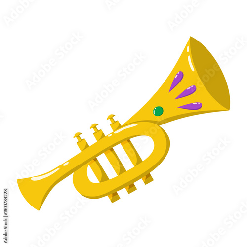 Golden Mardi Gras trumpet illustration with purple and green details. Festive brass instrument icon for carnival music isolated on white background.