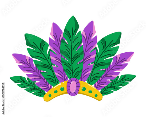 Mardi Gras feather headdress hat icon with purple and green plumes. Festive carnival costume headpiece illustration isolated on a white background.