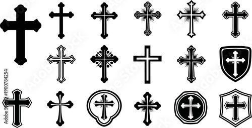 Collection of various cross symbols and Christian crosses in different styles and designs