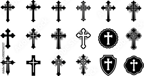 Collection of various Christian cross symbols in different styles and designs on white background