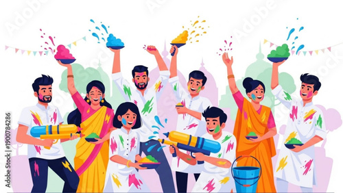 Diverse group celebrating holi festival with colorful powders and waters joyful people throwing vibrant hues in festive atmosphere with splashes and buckets