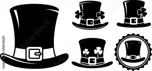 Black silhouette top hat collection with shamrocks and buckle isolated on white background