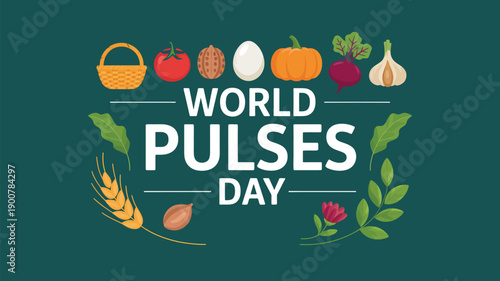 world pulses day illustration with legumes, grains and vegetables on green background highlighting nutrition, sustainable food and agriculture awareness