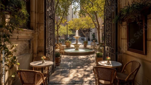 Secret garden fountain with gentle night breeze, generative ai