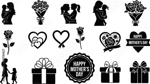 Black silhouettes of mothers day icons with hearts flowers gifts and love  mothers day concept