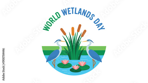 world wetlands day illustration with birds, reeds, flowers and water ecosystem symbolizing wetland conservation and environmental awareness