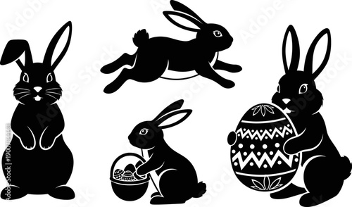 black silhouettes of rabbits and Easter eggs on white background