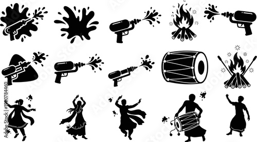 Black silhouettes of people dancing and playing music with water guns and fire  cultural celebration icons