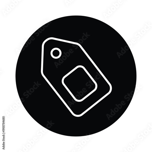 A black circle with a white outline of a tag or label, commonly used for marking or identifying items
