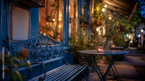 Quiet garden cafe exterior with candlelight on pathway table, generative ai