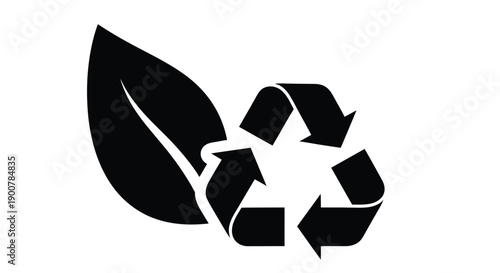 Black silhouette of a leaf combined with the universal recycling symbol