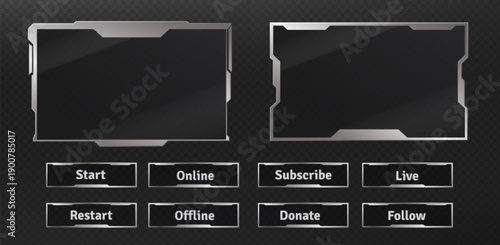 Futuristic ui HUD frames and tech buttons set isolated on transparent background. Vector realistic illustration of silver chrome web stream interface, design elements, metal borders for cyberpunk menu