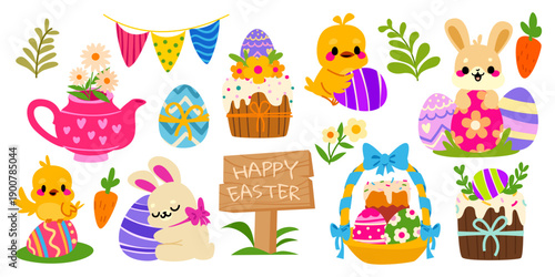Easter bunny, chick and colored eggs cartoon elements, basket with cake, spring flowers in watering can or teapot, Happy Easter wooden signboard. Cute vector illustrations, funny baby animals design