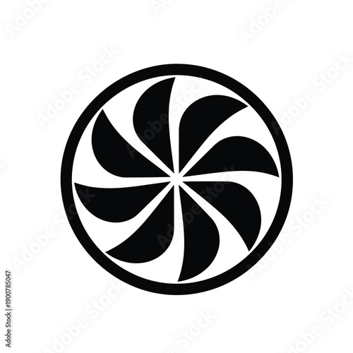 Black and white circular logo with a stylized flower or pinwheel design