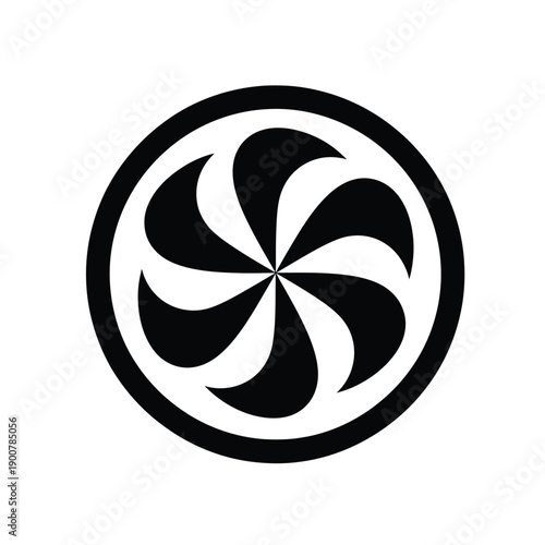 Black and white circular logo with a stylized pinwheel design