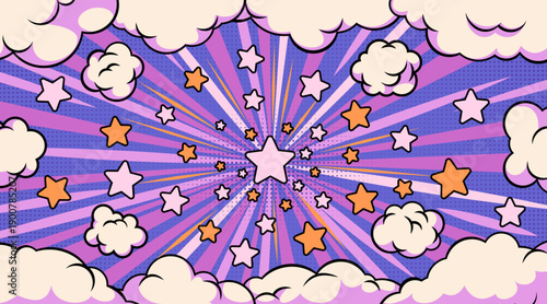 Comic book halftone sky background with pop art bursting clouds, vector illustration. Dynamic cartoon sky explosion with radiation graphic effect, super hero retro banner, speed motion of stars