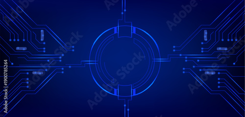Hi tech circuit board frame with glowing blue lines and futuristic digital patterns, vector realistic illustration. High tech abstract electronic backdrop with round border and neon light
