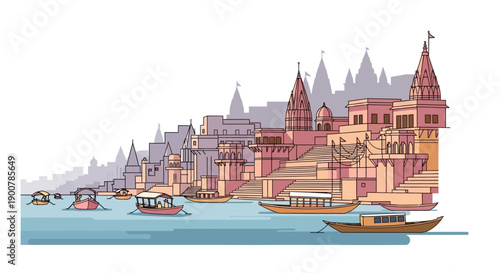 Traditional Indian Riverfront City Illustration with Boats and Historic Temple Architecture