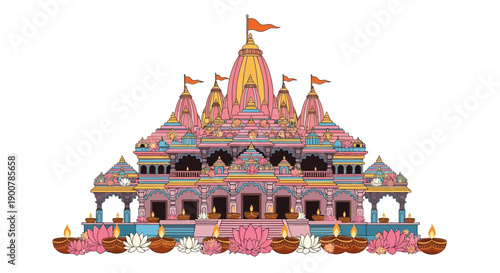 Vibrant Hindu Temple Festival Celebration with Illuminated Lamps and Flowers