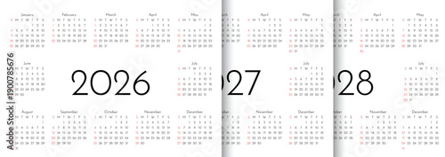 2026, 2027, 2028 calendars. Calender templates. Planer grids. Week starts Sunday. Planner layout with 12 months. Desk diary in English. Vector illustration. Landscape orientation. Paper size A4