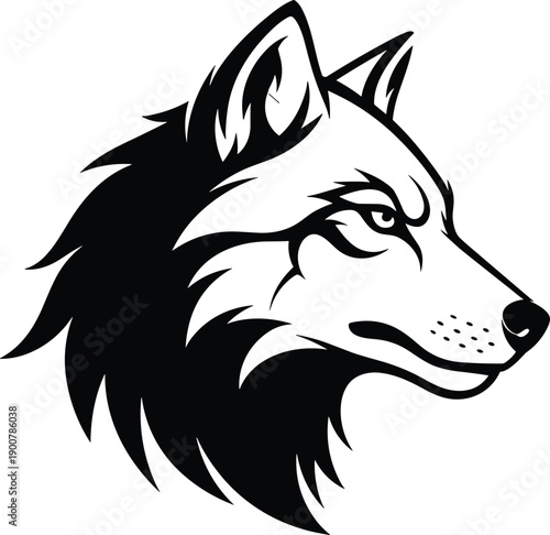 Black and White Vector Silhouette Illustration of a Powerful Wolf Head for Wildlife Conservation Predatory Animal Branding and Tribal Tattoo