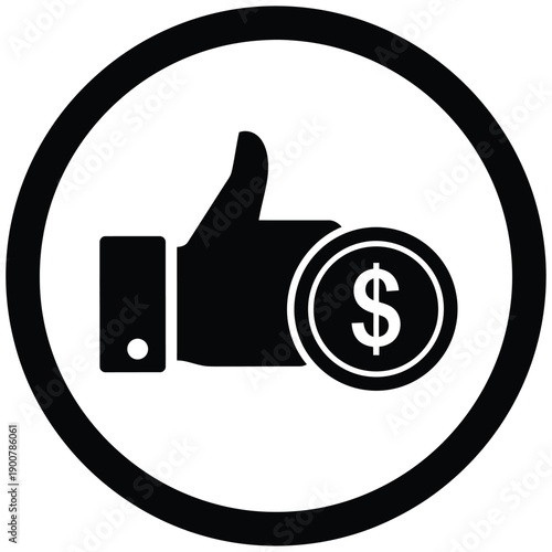 A black and white icon of a thumbs up with a dollar sign in a circle