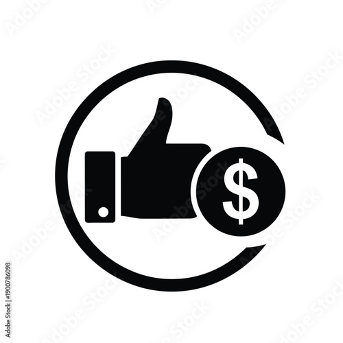 A black and white icon of a thumbs up with a dollar sign in a circle