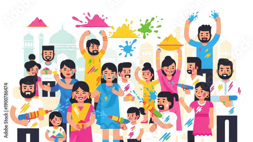 Diverse group of people celebrating holi festival with colorful powders and joyful expressions outdoors