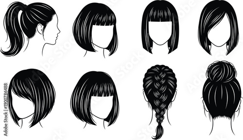 Black and White Vector Illustration Set of Women Hairstyles Featuring Ponytail Bob Cut Braid and Bun for Beauty Salon Branding