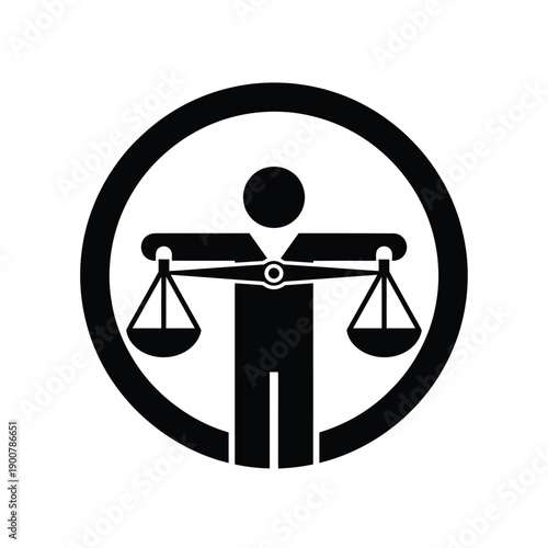 A black and white icon of a person holding scales of justice in a circular frame
