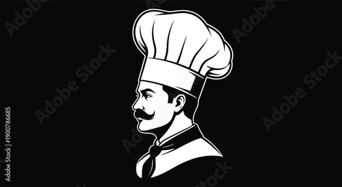 Black and White Vector Illustration of a Professional Chef with Mustache Wearing a Hat for Restaurant Branding and Food Service