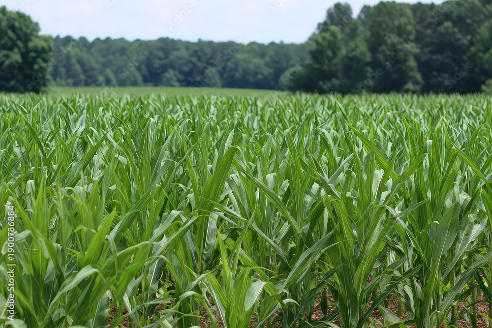Fototapeta premium Vibrant Green Cornfield Under Blue Sky and Forest Background with Sunlight