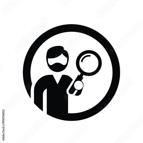 A black and white icon of a man with a magnifying glass in a circle