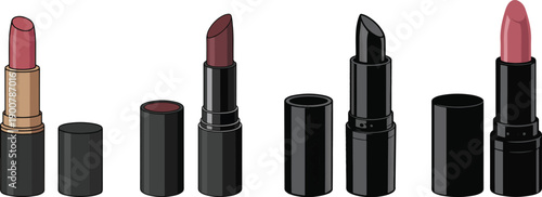 Open lipstick and cap, black solid cosmetic beauty product, vector illustration