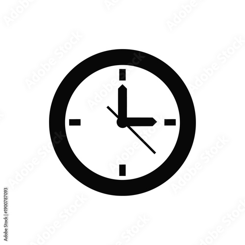 A black and white illustration of an analog clock on a with hour and minute hands