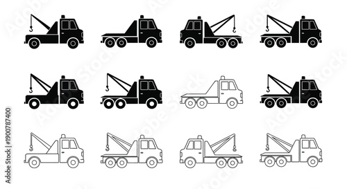 Black and white illustrations of various tow truck designs in a grid