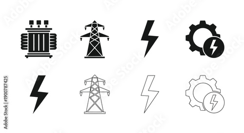Electrical power icons transformers pylons lightning and energy symbols